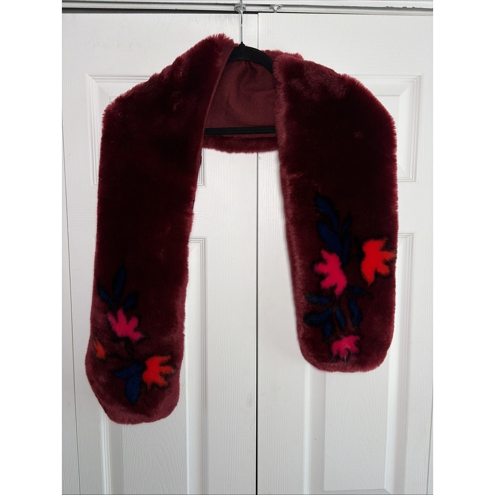 Ann Taylor Floral Faux Fur Stole Womens OS Burgundy Wine Wrap Scarf Evening